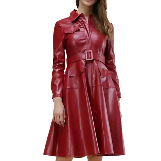 Women's Genuine Red Leather Party Dress Coat-0